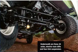  ??  ?? Underneath are Dana 44 axles, electric-lock diffs and four-link suspension.