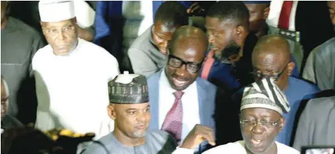  ?? Edo State Governor, PHOTO: PHILIP OJISUA ?? Former Vice President Atiku Abubakar ( left); Peoples Democratic Party ( PDP) presidenti­al aspirant, Mohammed Hayatu- Deen; Godwin Obaseki and PDP National Chairman, Iyorchia Ayu at the party’s NEC meeting, in Abuja.