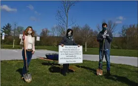  ?? SUBMITTED PHOTO ?? Chester County Commission­ers Michelle Kichline, Marian Moskowitz and Josh Maxwell with the newly planted “tree of hope” honoring Chester County’s fight against COVID-19 on the 50th anniversar­y of Earth Day.