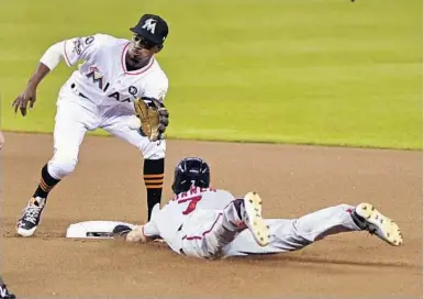  ?? GASTON DE CARDENAS/AP ?? Miami Marlins’ Dee Gordon takes the throw as Washington Nationals Trea Turner goes for the steal early in Wednesday night’s game at Marlins Park.