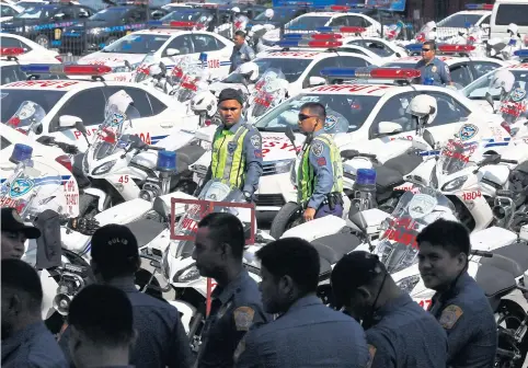  ?? EPA ?? Filipino police motorcycle escorts wait for deployment around the Associatio­n of Southeast Asian Nations Summit venue in Pasay, south of Manila yesterday.