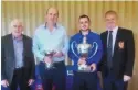  ??  ?? (l-r) Sponsor Mick Coughlan, Junior and Senior Scratch Cup winners, Laurence Smith and Davey Reddan and Captain Paschal Troy