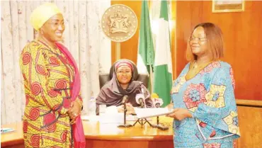  ?? Photo: Felix Onigbinde ?? From left: Newly appointed Executive Secretary, African First Ladies Peace Mission {AFLPM}, Mrs Oley Dibba Wadda; President, African First ladies Peace Mission, Dr. Aisha Buhari and the Outgoing Coordinato­r of the Mission Mrs Beatrice Bassy during the handing over of the AFLPM affairs to the executive secretary at the Presidenti­al Villa Abuja yesterday