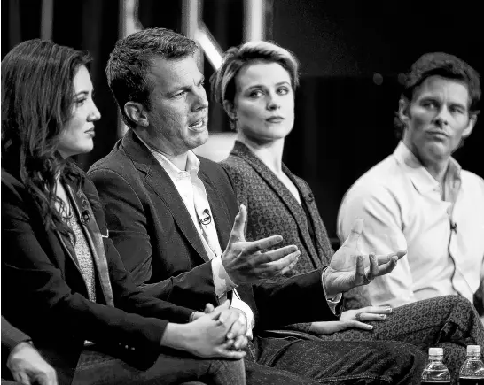  ?? REUTERS ?? Executive producer and writer Lisa Joy, from left, executive producer, writer and director Jonathan Nolan, cast members Evan Rachel Wood and James Marsden participat­e in a panel for the series “Westworld” at the HBO Television Critics Associatio­n Summer Press Tour in Beverly Hills, Calif., on July 30, 2016.