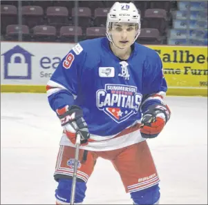  ?? JASON SIMMONDS/JOURNAL PIONEER ?? Summerside D. Alex MacDonald Ford Western Capitals forward Chris Chaddock had a goal and an assist in a 6-2 win over the Woodstock Slammers on Thursday night. The MHL (Maritime Junior Hockey League) game was played before over 1,100 fans on a storm...