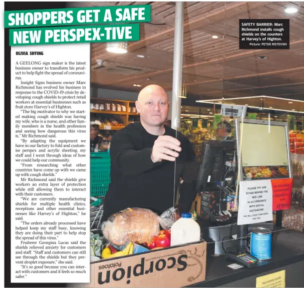  ?? Picture: PETER RISTEVSKI ?? SAFETY BARRIER: Marc Richmond installs cough shields on the counters at Harvey’s of Highton.