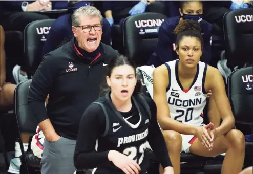  ?? David Butler II / Associated Press ?? UConn coach Geno Auriemma shouts from the sideline during the first half against Providence on Saturday.