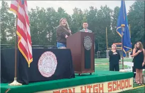  ?? Brian Gioiele / Hearst Connecticu­t Media ?? Aine Saranich opens the Shelton school convocatio­n on Tuesday, singing the National Anthem. Aine is the daughter of school Superinten­dent Ken Saranich.