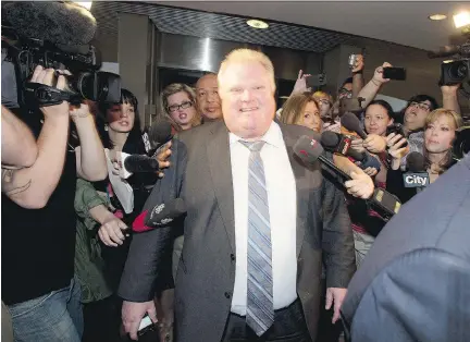  ?? PETER
J. THOMPSON/NATIONAL POST FILES ?? Then-Toronto mayor Rob Ford arrives at his City Hall office as crack allegation­s have come to light via a video in 2013. In the new book The Only Average Guy, John Filion reveals what it was like to be a part of Ford’s inner circle.