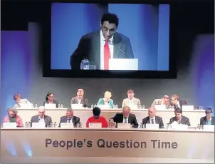  ??  ?? n PEOPLE POWER: Onkar Sahota chairing the People’s Question Time at Hayes Beck Theatre on November 26 2015. Ben Pruchnie