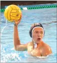  ??  ?? Strathmore High School's Cotter Ashcraft looks to pass the ball in Monday's boys water polo game against Sierra Pacific at Strathmore.