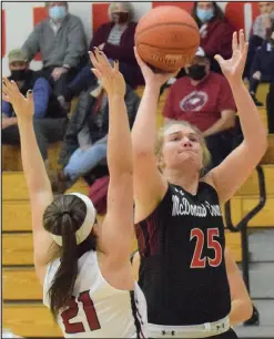  ?? RICK PECK/ SPECIAL TO MCDONALD COUNTY PRESS ?? McDonald County sophomore Samara Smith scores during the Lady Mustangs season opening loss to Joplin in the first round of the CJ Classic High School Girls Basketball Tournament Dec. 1 at Carl Junction High School.