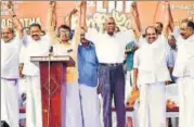  ?? HT PHOTO ?? n CPI national secretary D Raja (third from right) flagged of the north leg of the Jan Jagratha rally from Kasargode on Saturday.