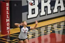  ?? ?? MaryKate Scheumann serves for the Bellmont Braves against the Norwell Knights on Tuesday, September 26, 2023 in Decatur.