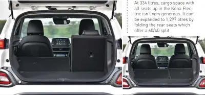  ??  ?? At 334 litres, cargo space with all seats up in the Kona Electric isn’t very generous. It can be expanded to 1,297 litres by folding the rear seats which offer a 60/40 split