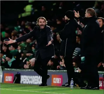  ?? ?? Hearts manager Robbie Neilson reacts angrily after Kyogo’s winner for Celtic