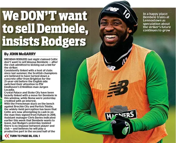  ??  ?? In a happy place: Dembele trains at Lennoxtown as speculatio­n about the striker’s future continues to grow