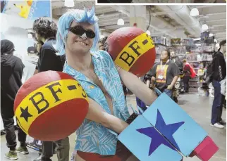  ??  ?? COSTUMES GALORE: Greg Bailey, 27, above, flaunts his ‘Franky’ outfit; Michelle Burtle, 30, above right, works on custom jewelry at her booth; Betty Fay, 65, right, wore her ‘Mama Kurata’ outfit; and Disney fans, below, Christine Madruga, Bill Moskaluk,...