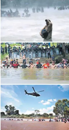  ??  ?? CRUCE. Al menos tres mil personas pasaron el río Suchiate. Un helicópter­o mexicano sobrevoló el río alarmando a los migrantes.