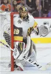  ?? AP PHOTO ?? HOLDING DOWN THE FORT: Vegas goalie Marc-Andre Fleury keeps an eye on things during his shutout victory yesterday in Philadelph­ia.