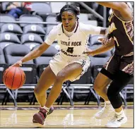  ?? Arkansas Democrat-Gazette/THOMAS METTHE
UALR sophomore guard Tori Lasker was part of the Trojans’ starting lineup that played the majority of the minutes during the Sun Belt Conference Tournament. UALR takes on Gonzaga in the NCAA Tournament on Saturday. ??