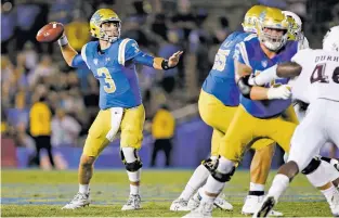  ?? DANNY MOLOSHOK/THE ASSOCIATED PRESS ?? UCLA quarterbac­k Josh Rosen throws a pass on the Bruins’ final drive Sunday during UCLA’s 45-44 comeback victory over Texas A&M in Pasadena, Calif.