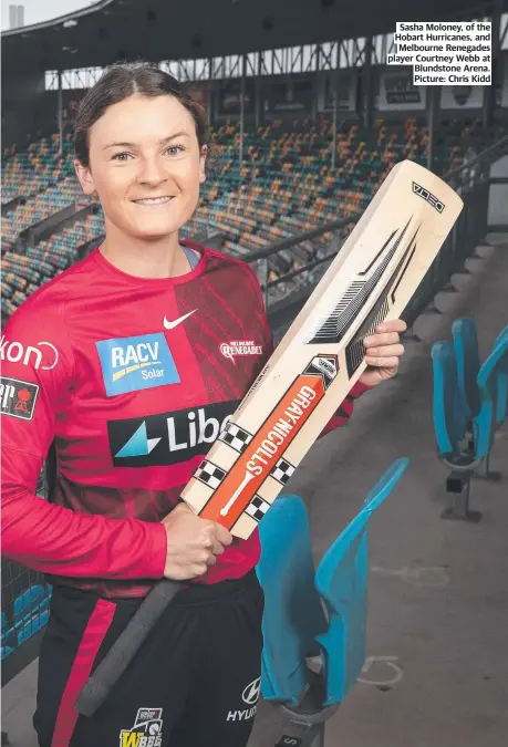  ?? ?? Sasha Moloney, of the Hobart Hurricanes, and Melbourne Renegades player Courtney Webb at Blundstone Arena. Picture: Chris Kidd