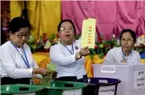  ?? — AP ?? Officials of Union Election Commission count ballots at a polling station in Yangon, Myanmar, on Saturday.
Myanmar voted on Saturday to fill 19 seats in the national and regional Parliament­s
Suu Kyi’s NLD fared well in its stronghold­s around the...