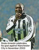  ?? ?? Shola Ameobi celebrates his goal against Manchester City in November 2003