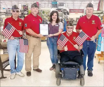  ?? Photograph courtesy of Chris Snow ?? Members of the Pea Ridge Veterans of Foreign Wars joined F.L. Davis Ace Hardware manager Caitlin Baker. VFW members are, from left Bob Hauter, commander Chris Snow, vice commander Howard Schuettpel­z and Jerry Burton.