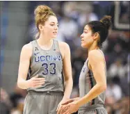  ?? Jessica Hill / Associated Press ?? UConn’s Katie Lou Samuelson, left, and Kia Nurse are No. 1 and 2, respective­ly, among NCAA Division I women’s basketball players in 3-point percentage.