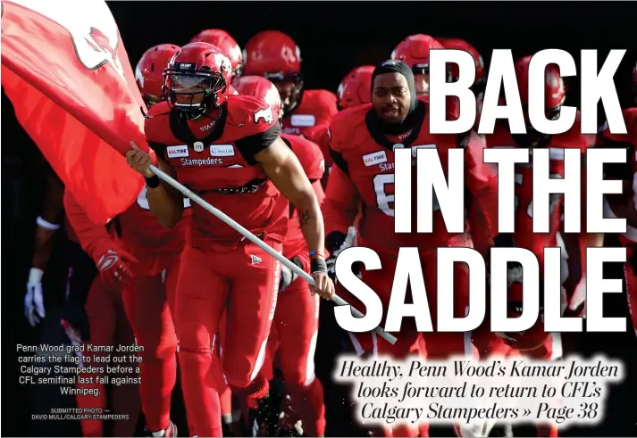  ?? SUBMITTED PHOTO —
DAVID MULL/CALGARY STAMPEDERS ?? Penn Wood grad Kamar Jorden carries the flag to lead out the Calgary Stampeders before a CFL semifinal last fall against
Winnipeg.