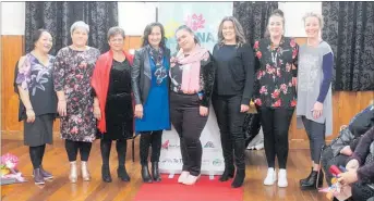  ??  ?? The models and comperes for Ballentyne’s Fashion Central Fashion Show. From left: models Aroha Walker, Lisa Mosen, Doris Peeti, Gloria Hauiti, Brigham Kingi and Ballentyne staff Megan Ellmers, Michaela Hussain and Tracy Beatty.