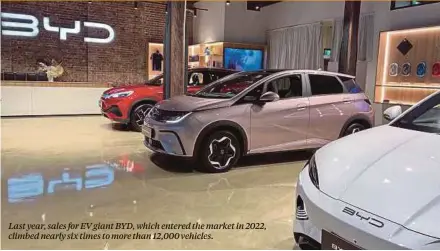  ?? ?? Last year, sales for EV giant BYD, which entered the market in 2022, climbed nearly six times to more than 12,000 vehicles.