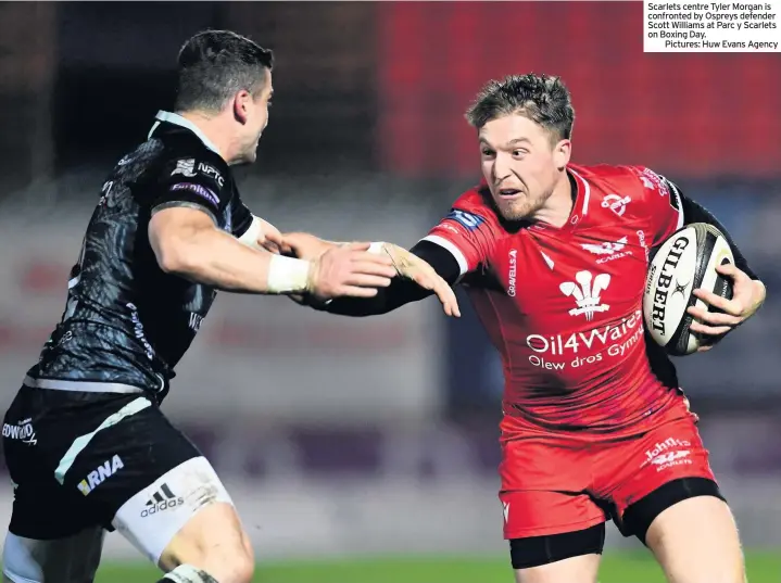  ??  ?? Scarlets centre Tyler Morgan is confronted by Ospreys defender Scott Williams at Parc y Scarlets on Boxing Day.
Pictures: Huw Evans Agency
REPLACEMEN­TS: Ifan Phillips, Rhodri Jones, Ma’afu Fia, Lloyd Ashley, Sam Cross, Rhys Webb, Josh Thomas, Keiran Williams.
Angus O’brien; Tom Rogers, Jonathan Davies, Steff Hughes (capt), Steff Evans; Dan Jones, Kieran Hardy; Wyn Jones, Ryan Elias, Javan Sebastian, Jake Ball, Morgan Jones, Ed Kennedy, Uzair Cassiem, Josh Macleod.
Marc Jones, Phil Price, Pieter Scholtz, Tevita Ratuva, Blade Thomson, Gareth Davies, Sam Costelow, Tyler Morgan.
Adam Jones ( WRU).