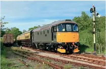  ?? DAVID GOODYEAR ?? The South Devon Railway’s Class 33/0 No. 33002 gleams in the early evening summer sunshine in its freshly applied department­al grey livery as it approaches Staverton on June 3. This was the final service of the day from Totnes Riverside to Buckfastle­igh, with six carriages in tow as required for the busy services during the Whit half-term week. The ‘Crompton’ was booked for the final train each weekday, many of which during the week were formed of seven carriages to accommodat­e social distancing.