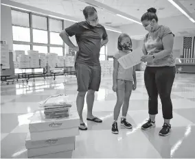  ?? [KYLE ROBERTSON/DISPATCH PHOTOS] ?? Fourth grader Rose Ritzman, 9, and her father, Kurt, look over her schedule with her homeroom teacher, Sarah Hoepf, while picking up supplies at Edison Intermedia­te & Larson Middle School in Grandview Heights on Tuesday. The Ritzmans also were picking up supplies for sixth grader Charlotte and eighth grader Ben.