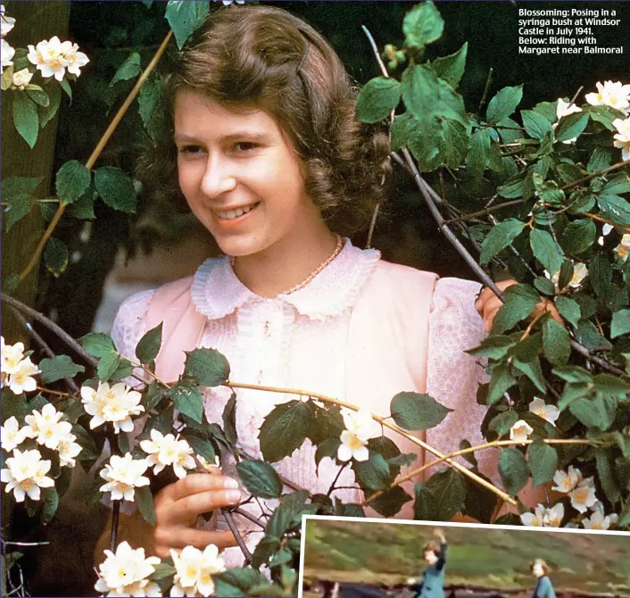  ??  ?? Blossoming: Posing in a syringa bush at Windsor Castle in July 1941. Below: Riding with Margaret near Balmoral