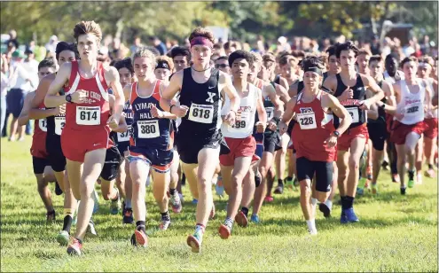  ?? Arnold Gold / Hearst Connecticu­t Media ?? Xavier’s Eamon Burke (618) jumps to the front of the pack at the start of the SCC Cross Country Championsh­ip at East Shore Park in New Haven on Wednesday.