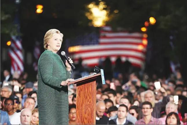  ??  ?? US Democratic presidenti­al nominee Hillary Clinton speaks during a campaign rally at the University of North Carolina at Charlotte on Oct 23 in Charlotte, North Carolina. The presidenti­al election is Nov 8.