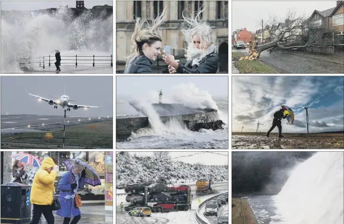  ?? PICTURES: RICHARD PONTER/PA/TONY JOHNSON/JAMES HARDISTY/SCOTT MERRYLEES/ FSTOPPRESS.COM. ?? WILD AND WINDY: Top row from left: Scarboroug­h’s North Bay; Westminste­r Bridge in London; and a tree down in Aigburth, Liverpool. Middle row from left, a plane is blown at Leeds Bradford Airport; Newhaven, Sussex; and Hook Moor wind farm, Leeds. Bottom row from left: Shoppers in Sheffield city centre; an accident on the M80 in Banknock, Falkirk, central Scotland; and foaming water at the Derwent Dam, between Sheffield and Glossop.