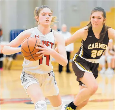  ?? JON CUNNINGHAM/NAPERVILLE SUN ?? Benet’s Molly Sheehan (11) starts to pass as Carmel’s Mia Gillis gives chase on defense during an East Suburban Catholic Conference game on Jan. 29, 2020.