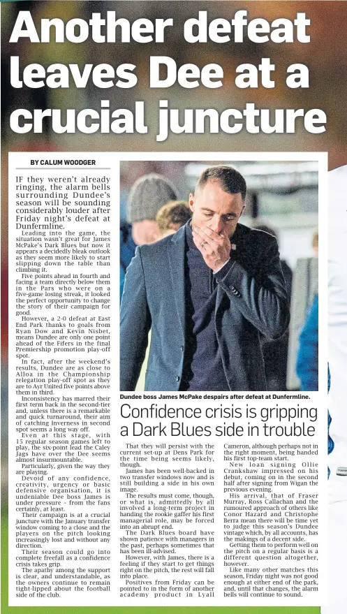  ??  ?? Dundee boss James McPake despairs after defeat at Dunfermlin­e.