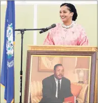  ?? Dave Zajac / Record-Journal via AP) ?? U.S. Rep. Jahana Hayes speaks during the 35th annual Martin Luther King Jr. Albert Owens Scholarshi­p Breakfast in Meriden on Jan. 20.