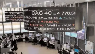  ?? -AFP ?? PARIS
Stock index price for France's CAC 40 and company stock price informatio­n are displayed on screens as they hang above the Paris stock exchange, operated by Euronext NV, in La Defense business district in Paris, France.