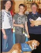  ??  ?? Fundraiser Lesley McDonald from Cargill’s, Harris McDonald with Glen the retired guide dog, and Deirdre McVean, fundraiser for Guide Dog Scotland, at a previous Meet the Maker