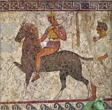  ??  ?? A highly detailed wall painting
from a house in ancient Pompeii shows a high-stepping Samnite ambler with rider and groom. Samnite territory bordered Rome to the east during the first century A.D. when this mural was created, but the
horse is clearly...