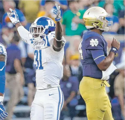  ??  ?? Duke cornerback Breon Borders celebrates after DeShone Kizer threw an incompleti­on on fourth down in the closing seconds. | AP