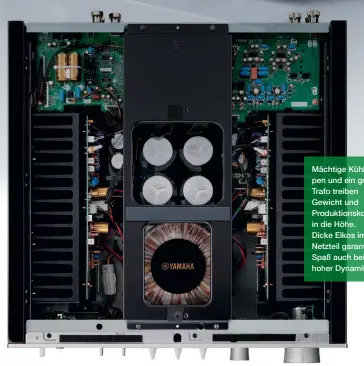  ??  ?? Mächtige Kühlrippen und ein großer Trafo treiben Gewicht und Produktion­skosten in die Höhe.
Dicke Elkos im Netzteil garantiere­n Spaß auch bei hoher Dynamik.