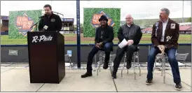  ?? BILL UHRICH — MEDIANEWS GROUP ?? Justin Heimbecker, executive director of Berks Arts, on Tuesday, May 2, announces the lineup for the Berks Summer Fest in June at FirstEnerg­y Stadium with, from left, Schuyler Deale, Billy Joel Band bassist; John Ernesto, artistic director at Berks Arts; and Scott Hunsicker, Reading Fightin Phils general manager.